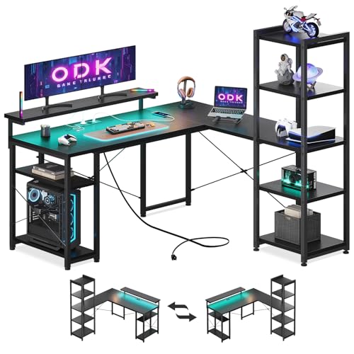 ODK Gaming Tisch Schreibtisch 137x140cm mit LED, Eckschreibtisch L-Form Reversibel, Gaming Schreibtisch mit 2 Steckdosen + 2 USB-Schnellladern, Integrierte Regale & Monitorhalter für Gamer in Schwarz von ODK