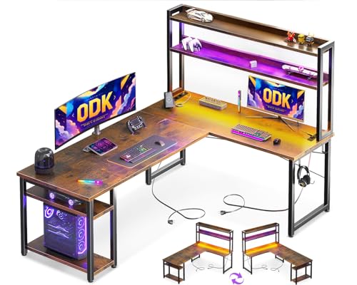 ODK Gaming Tisch mit LED, Reversibel Schreibtisch L Form mit 2 Steckdosen und 2 USB Ladeanschluss, Eckschreibtisch mit Stall und Lagerregal, 150×120 cm, Vintage-Braun von ODK