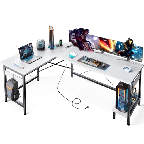 ODK Gaming Tisch mit Steckdosen und USB-Ladeanschluss, Eckschreibtisch Weiß mit CPU-Ständer, L-förmiger Schreibtisch, Gaming Schreibtisch für das Heimbüro, 150×120cm von ODK