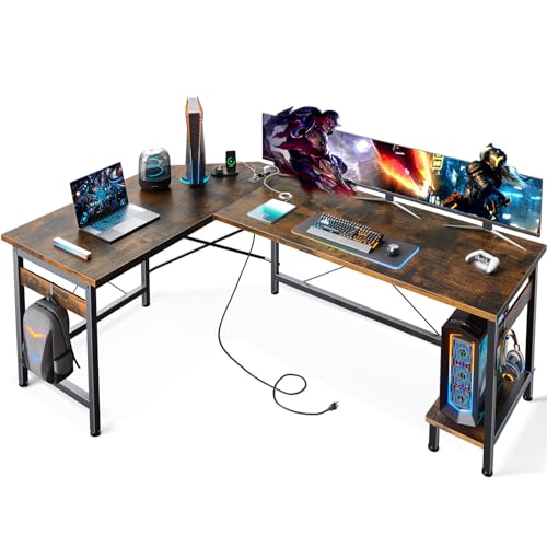 ODK Gaming Tisch mit Steckdosen und USB-Ladeanschluss, Gaming Schreibtisch mit CPU-Ständer, Schreibtisch L Form, Eckschreibtisch für das Heimbüro, 150×120cm, Vintage-Braun von ODK