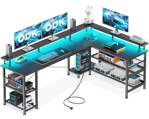 ODK Gaming Tisch mit LED, Reversibel Gaming Schreibtisch mit 2 Steckdosen & 2 USB-Ladeanschlüssen, Eckschreibtisch Groß mit Netzablage, Kohlefaser Schwarz 168×120cm von ODK