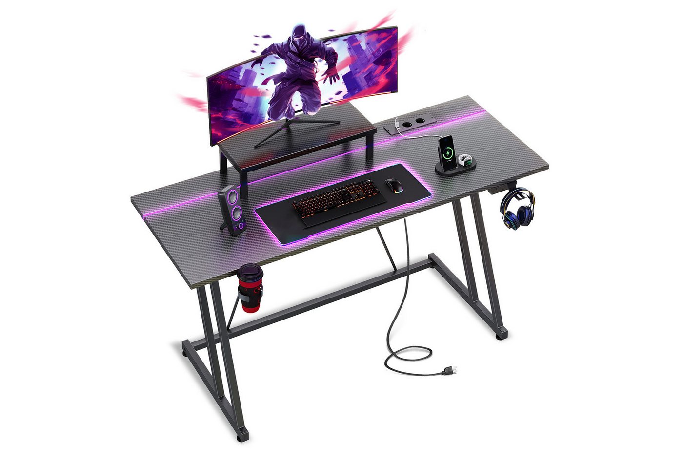 ODK Gamingtisch mit LED, Steckdose und Abnehmbarem Monitorregal (1 Tisch), 120×50cm, schwarz von ODK