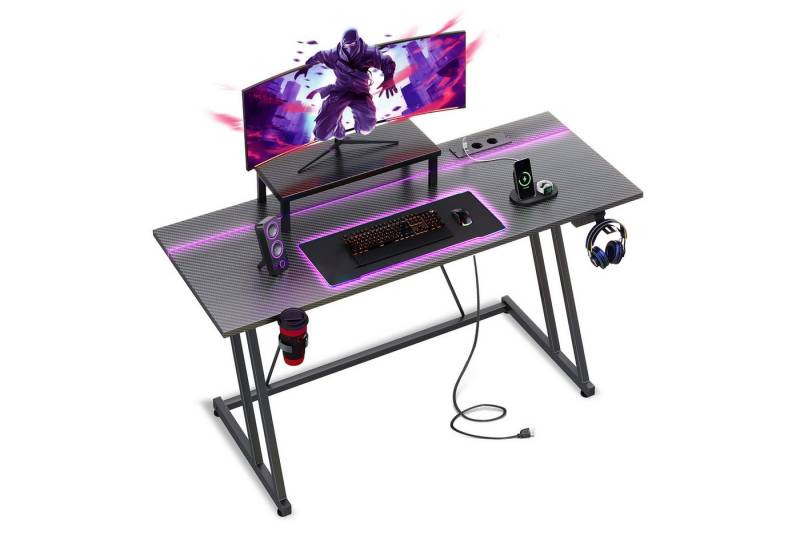 ODK Gamingtisch mit LED, Steckdose und Abnehmbarem Monitorregal (1 Tisch), 120×50cm, schwarz von ODK