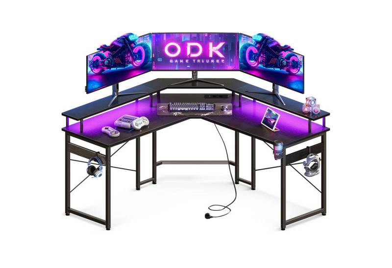 ODK Gamingtisch mit LED, mit 2 Steckdosen und 2 USB Ladeanschluss (1 Tisch), mit großzügiger Monitorablage, Schwarz von ODK