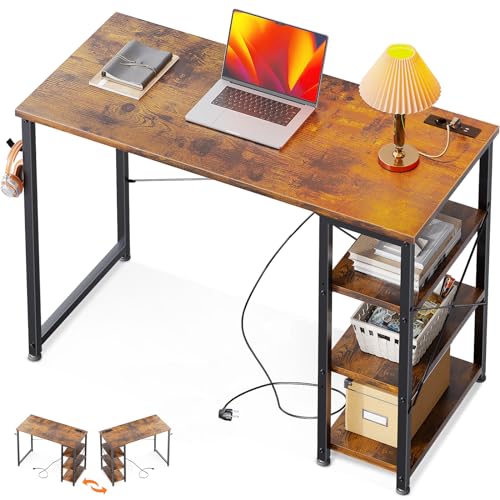 ODK Kleiner Schreibtisch, 100x40x75cm Computertisch mit 3 Steckdose und USB & Typ C Ladeanschluss, PC Tisch mit Umkehrbarem Regal Tisch Klein fürs Büro, Wohnzimmer, Braun von ODK