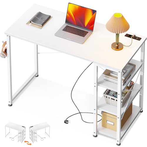 ODK Kleiner Schreibtisch Weiß, 100x40x75cm Computertisch mit 3 Steckdose und USB & Typ C Ladeanschluss, PC Tisch mit Umkehrbarem Regal Tisch Klein fürs Büro, Wohnzimmer von ODK