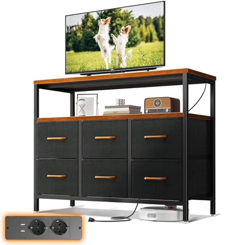 ODK Kommode mit Schubladen, mit 2 Steckdosen und 2 USB, 6 Großen Stoffschubladen, Multifunktionaler Schubladenschrank Geeignet für Schlafzimmer und Wohnzimmer, 100 * 30 * 85.2cm, Vintage von ODK