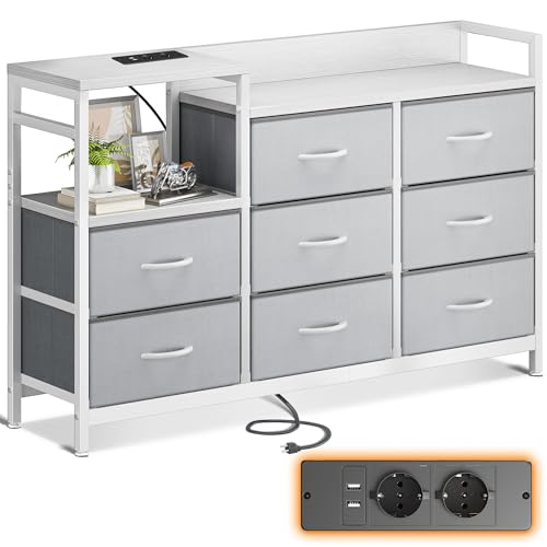 ODK Kommode mit Schubladen, 2 USB & 2 AC-Anschlüssen, 8 Schubladen aus Stoff - Geeignet für Multifunktionaler Schubladenschrank für Schlafzimmer und Wohnzimmer, 132 * 30 * 88 cm, Weiß und Hellgrau von ODK