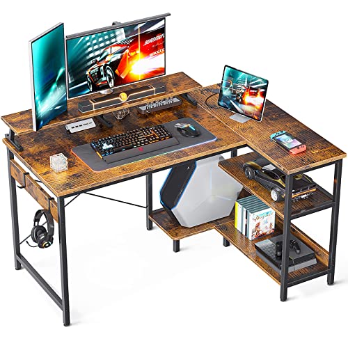 ODK L Förmiger Schreibtisch mit Regal Reversibel, Eckschreibtisch 120x80x88cm Gaming Tisch L Form mit Langer Monitorständer, Computertisch L Form PC Tisch Bürotisch für Heimbüro, Braun von ODK