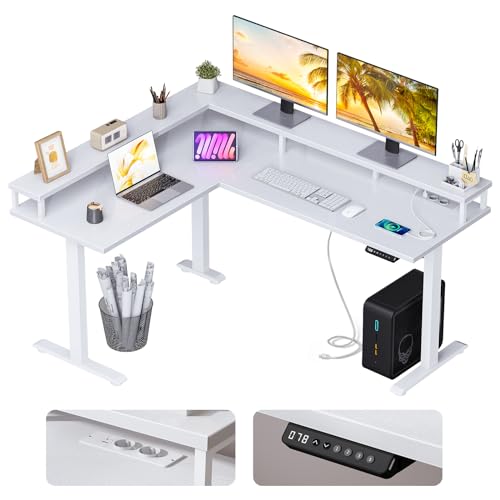 ODK Eckschreibtisch Höhenverstellbarer Schreibtisch L Form,Elektrischer Schreibtisch mit 2 USB-Anschluss und 2 Steckdosen Schreibtisch Höhenverstellbar,150×120cm Weiß von ODK