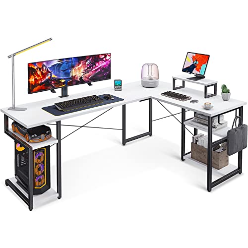 ODK Eckschreibtisch, Schreibtisch L Form mit Regal & Haken, PC Gaming Tisch mit Monitorständer, Schreibtisch für Arbeitszimmer und Homeoffice Weiß 168×120 cm von ODK