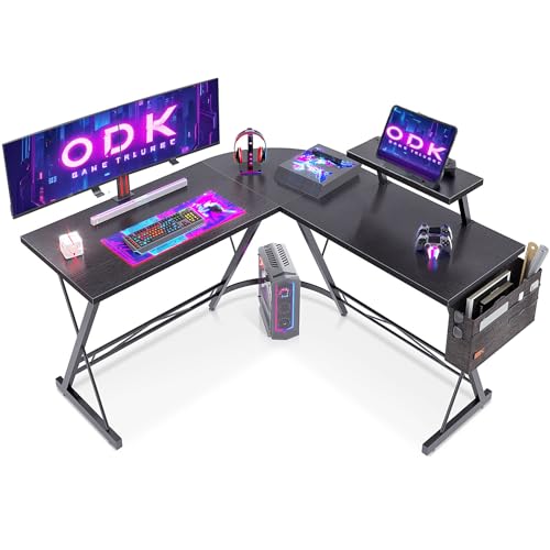 ODK Gaming Tisch, Computertisch, Gaming Schreibtisch mit runder Ecke, Gaming-Tisch mit Monitorablage, 127 x 127cm, Schwarz von ODK