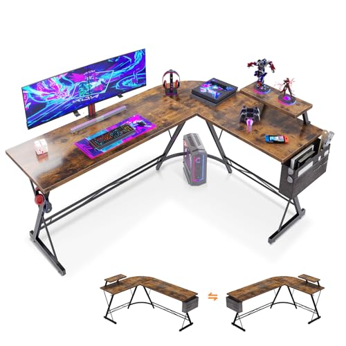 ODK Gaming Tisch, L-förmiger Schreibtisch, Gaming Schreibtisch L Form mit runder Ecke, Eckschreibtisch mit Monitorablage, 167 x 120 cm, Weinlese von ODK