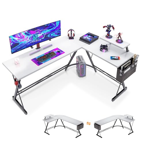 ODK Gaming Tisch L Form, Gaming Schreibtisch, Gaming Tisch mit runder Ecke, Eckschreibtisch weiß mit Monitorablage, 167 x 120 cm von ODK