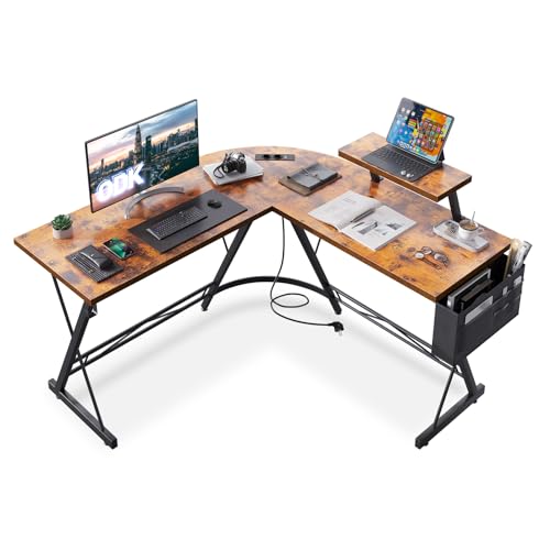 ODK L-förmiger Schreibtisch, Computertisch mit mit 2 Steckdosen und 2 USB Ladeanschluss, Bürotisch mit runder Ecke, Gaming-Tisch mit Monitorablage, 127 x 127 cm, Weinlese von ODK