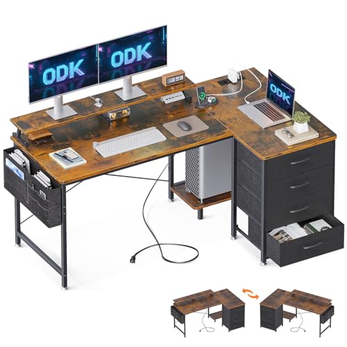 ODK Schreibtisch L Form, 140x80x84.7cm Eckschreibtisch Reversibel mit 4 Schubladen&Monitorablage, Tisch L Form mit 2 USB-Ladeanschluss&2 Steckdose für Homeoffice, Braun von ODK