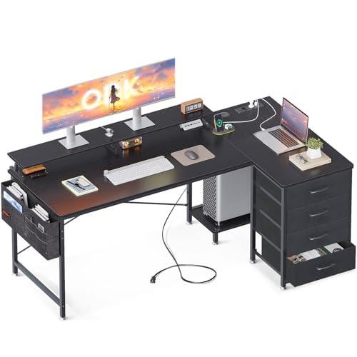 ODK Schreibtisch L Form Schwarz, Eckschreibtisch Groß mit 4 Schubladen, 160x80x84.7cm Ecktisch mit 2 USB-Ladeanschluss&2 Steckdose, Computertisch L Form für Homeoffice von ODK