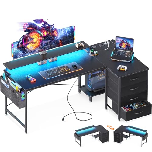 ODK Eckschreibtisch mit 4 Stoff Schubladen, Reversible Schreibtisch L Form mit 2 Steckdosen und 2 USB Ladeanschluss, Gaming Tisch L Form mit LED&Monitorständer für Home Office (Schwarz, 160x80x84.7cm) von ODK