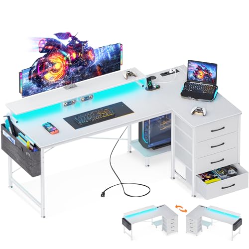 ODK Eckschreibtisch mit 4 Stoff Schubladen, Reversible Schreibtisch L Form mit 2 Steckdosen und 2 USB Ladeanschluss, Gaming Tisch L Form mit LED&Monitorständer für Home Office (Weiß, 160x80x84.7cm) von ODK