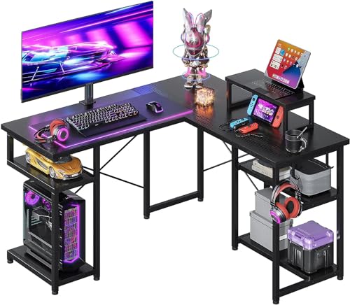 ODK Eckschreibtisch, Schreibtisch L Form mit Regal & Haken, PC Gaming Tisch mit Monitorständer, Schreibtisch für Arbeitszimmer und Homeoffice Schwarz 128×120 cm von ODK