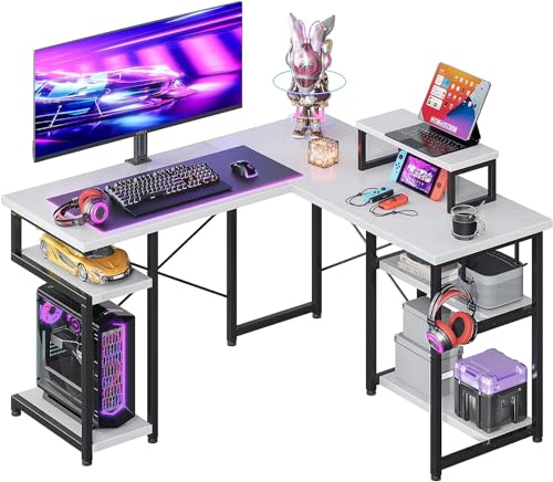 ODK Eckschreibtisch, Schreibtisch L Form mit Regal & Haken, PC Gaming Tisch mit Monitorständer, Schreibtisch für Arbeitszimmer und Homeoffice Weiß 128×120 cm von ODK