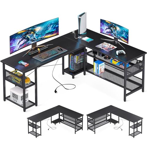 ODK L-förmiger Schreibtisch mit 2 Steckdosen und 2 USB Ladeanschluss, Reversibel eckschreibtisch groß, Schreibtisch Schwarz mit Großer Stauraum, 168×120cm von ODK