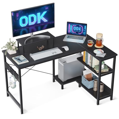 ODK L-förmiger Schreibtisc, Eckschreibtisch mit Regal Reversibel, Computertisch L Form mit Monitorständer, Gaming Tisch L Form mit Bücherregal, Bürotisch für Heimbüro (Schwarz, 120x80x75cm) von ODK