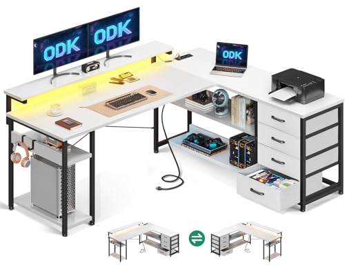 ODK Schreibtisch mit Schubladen, Reversible Eckschreibtisch mit 2 Steckdosen und 2 USB Ladeanschluss, Gaming Tisch L Form mit LED für Home Office, Weiß, 155×110cm von ODK