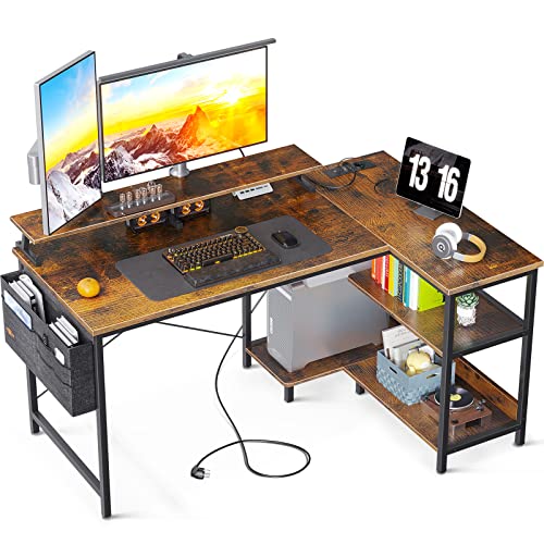 ODK L-förmiger Schreibtisch mit USB-Ladeanschluss & Steckdose, Eckschreibtisch Gaming mit Regalen Reversibel, L-förmiger Computertisch mit Monitorständer für Büro, Heimbüro, Braun, 120x80x88cm von ODK