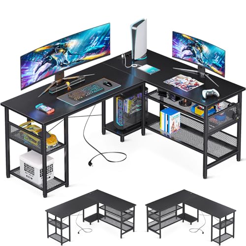 ODK Reversibel Eckschreibtisch, Gaming Tisch mit 2 Steckdosen, 2 USBs & Großer Stauraum, Flexibel für Office und Gaming, Schwarz, 150×102cm von ODK