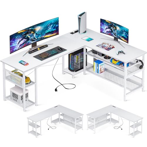 ODK Reversibel Gaming Schreibtisch L-Form, 168×120cm eckschreibtisch weiß mit 2 Steckdosen und 2 USB Ladeanschluss, Ecktisch mit Großer Stauraum, Stilvoll & Funktional von ODK