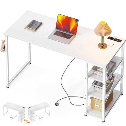 ODK Schminktisch Weißer, Schreibtisch 120x40x75cm Computertisch mit 3 Steckdose und USB & Typ C Ladeanschluss, PC Tisch mit Umkehrbarem Regal Büro Tisch fürs Büro, Wohnzimmer von ODK