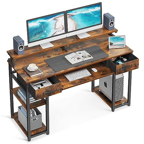ODK Schreibtisch, Computertisch mit Schubladen, 120x48x90cm Schreibtisch Holz mit Abnehmbarem Regal, Bürotisch mit Tastaturablage und Monitorständer, PC Tisch Gaming Tisch für Home Office, Braun von ODK