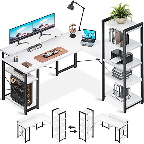 ODK Schreibtisch, Eckschreibtisch Weiß mit Bücherregal, Schreibtisch L Form mit Regal Rechts oder Links, Computertisch mit Langer Monitorständer fürs Homeoffice, 140×137×139.5 cm von ODK