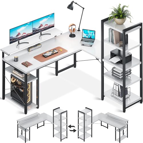 ODK Schreibtisch, Eckschreibtisch Weiß mit Bücherregal, Schreibtisch L Form mit Regal Rechts oder Links, Computertisch mit Langer Monitorständer fürs Homeoffice, 155×140 cm von ODK