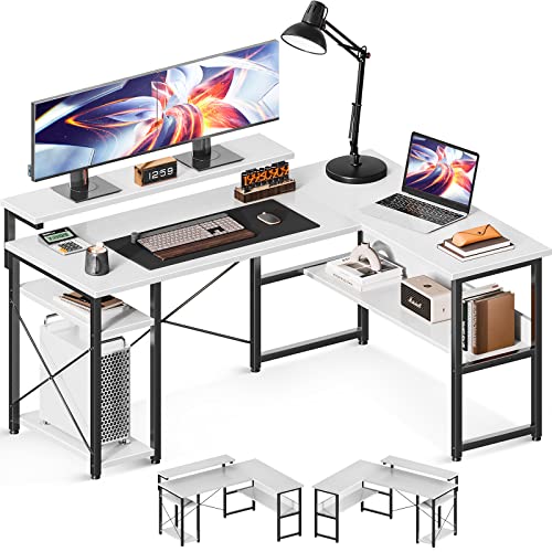 ODK Schreibtisch, Eckschreibtisch Weiß mit Lagerregale, Schreibtisch L Form mit CPU-Ständer, Reversibel Computertisch mit Verstellbarem Langen Monitorständer fürs Homeoffice, 137×102×76 cm von ODK