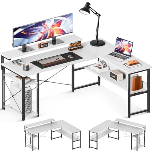 ODK Schreibtisch, Eckschreibtisch Weiß mit Lagerregale, Schreibtisch L Form mit CPU-Ständer, Reversibel Computertisch mit Verstellbarem Langen Monitorständer fürs Homeoffice, 155×122 cm von ODK