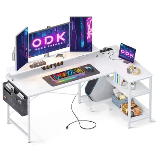 ODK Gaming Tisch L Form, 147x80cm Schreibtisch L Form mit Regal Reversibe, Eckschreibtisch mit USB-Ladeanschluss&Steckdose, Ecktisch mit Monitorständer für Büro, Heimbüro, Weiß von ODK