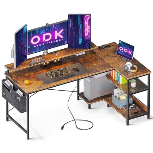 ODK Schreibtisch L Form,Eckschreibtisch mit USB-Ladeanschluss&Steckdose, Gaming Tisch L Form mit Regal Reversibel, L-förmiger Computertisch mit Monitorständer für Büro (Braun, 147x80cm) von ODK