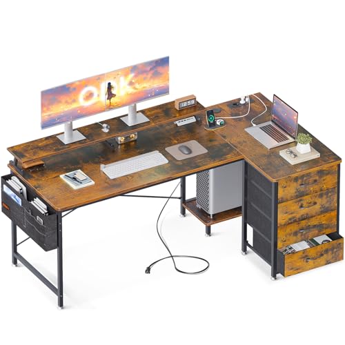 ODK Schreibtisch L Form Reversibel, 160x80x84.7cm Eckschreibtisch mit mit 4 Schubladen, Tisch L Form mit 2 USB Ladeanschluss&2 Steckdose, Schreibtisch mit Monitorablage für Homeoffice von ODK