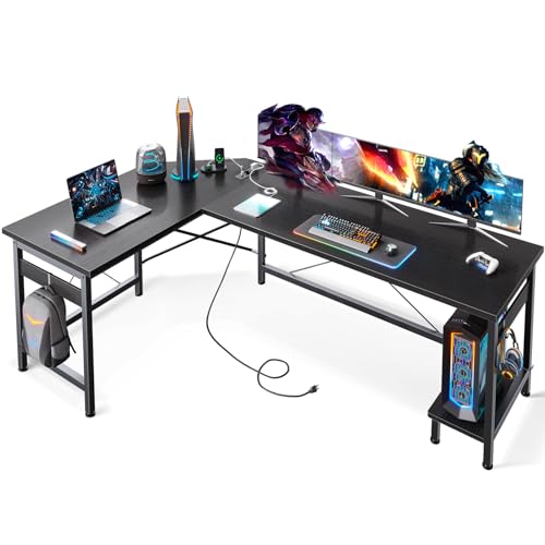 ODK Schreibtisch Schwarz mit Steckdosen und USB-Ladeanschluss, Eckschreibtisch Groß mit CPU-Ständer, Gaming Schreibtisch, Schreibtisch L Form für das Heimbüro, 168×120cm von ODK