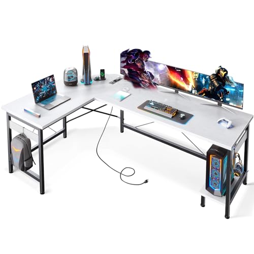 ODK Eckschreibtisch Weiß mit Steckdosen und USB-Ladeanschluss, Schreibtisch Groß mit CPU-Ständer, Gaming Schreibtisch, Schreibtisch L Form für das Heimbüro, 168×120cm von ODK