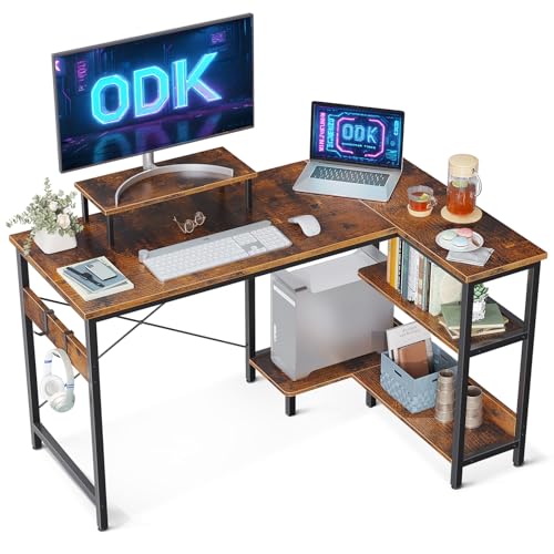 ODK Schreibtisch L Form mit Regalen Reversibel, 120x80x75cm Eckschreibtisch mit Klein Monitorständer, L-förmiger Schreibtisch mit Ablagefächern, L-förmiger Computertisch für Heimbüro, Braun von ODK