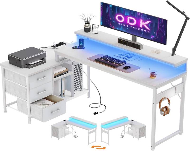 ODK Schreibtisch L Form mit Schubladen, Umkehrbar Eckschreibtisch, mit LED von ODK