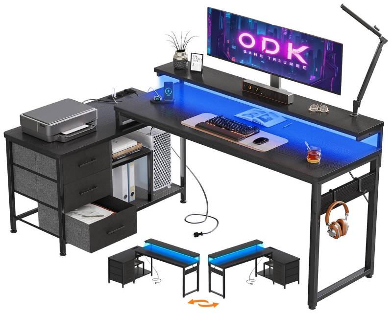 ODK Schreibtisch L Form mit Schubladen, Umkehrbar Eckschreibtisch mit LED von ODK