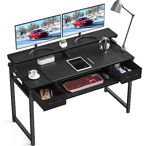 ODK Schreibtische mit Schubladen, 120x48x87cm Computertisch Schwarz mit Tastaturauszug, Bürotisch Holz PC-Tisch mit Monitorständer Höhenverstellbar, Officetisch für Home Office von ODK