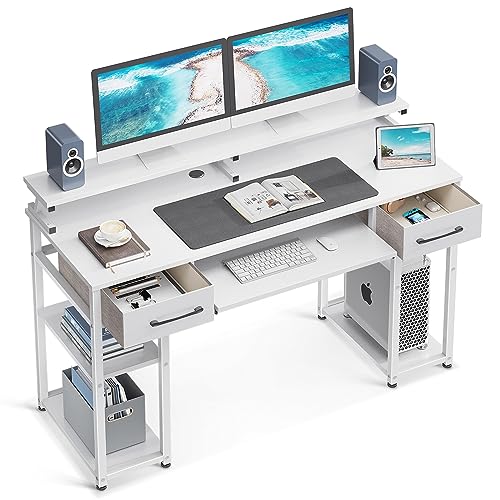 ODK Schreibtisch Weiß, Computertisch mit Schubladen, 120x48x90cm Schreibtisch mit Abnehmbarem Regaln, Bürotisch mit Tastaturablage und Monitorständer, PC Tisch Gaming Tisch für Home Office von ODK