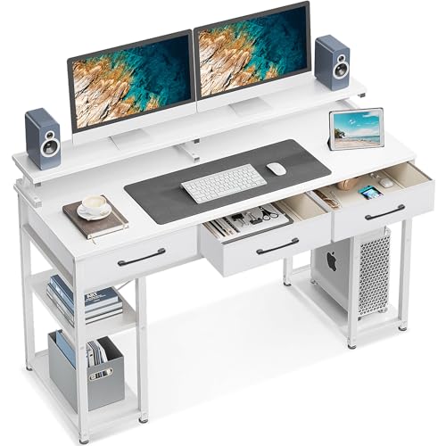 ODK Schreibtisch Weiß, Schreibtisch mit 3 Schubladen, Computertisch mit Regal, 120x50x90cm Bürotisch mit Monitorständer, PC-Tisch Gaming Tisch für Home Office, Büro, Wohnzimmer von ODK
