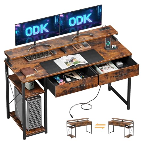 ODK Schreibtisch mit 2 Schubladen, Computertisch mit 2 Steckdose2 USB-Ladeanschluss& 2 USB-Ladeanschluss, PC Tisch mit Regalen und Monitorständer, büro Tisch für Home Office, 120x50x90cm, Braun von ODK