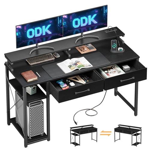 ODK Schreibtisch mit 2 Schubladen, Computertisch mit 2 Steckdose 2 USB-Ladeanschluss, PC Tisch mit Regalen und Monitorständer, büro Tisch für Home Office, 120x50x90cm, Schwarz von ODK